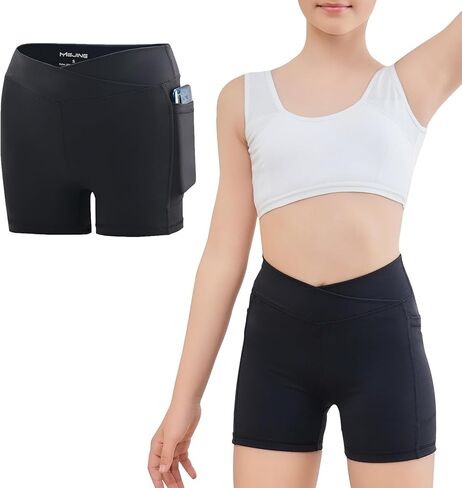4" Girls Cross Waist Athletic Shorts with Pockets, Biker Volleyball Running Cheer Dance Yoga Gymnastics Shorts in Saudi Arabia