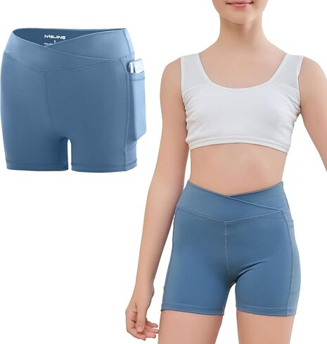 4" Girls Cross Waist Athletic Shorts with Pockets, Biker Volleyball Running Cheer Dance Yoga Gymnastics Shorts in Saudi Arabia