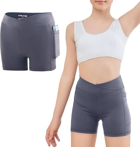 4" Girls Cross Waist Athletic Shorts with Pockets, Biker Volleyball Running Cheer Dance Yoga Gymnastics Shorts in Saudi Arabia