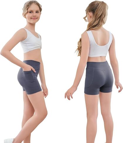4" Girls Cross Waist Athletic Shorts with Pockets, Biker Volleyball Running Cheer Dance Yoga Gymnastics Shorts in Saudi Arabia