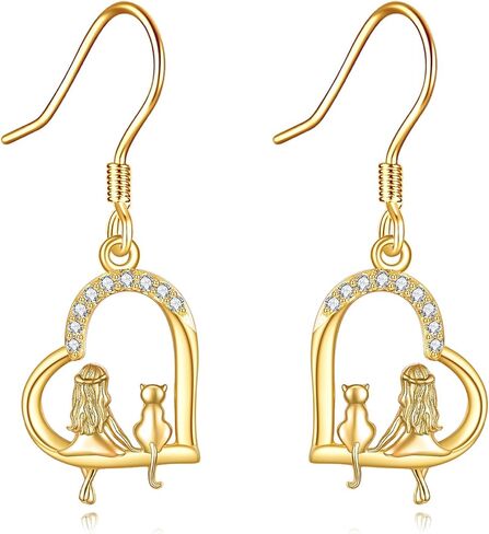 14K Solid Yellow Gold Cat Drop Earrings for Women Real 14 Karat Gold Cat Dangle Jewelry for Wife Girlfriend Birthday Gifts for Her in Saudi Arabia