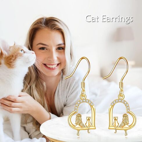 14K Solid Yellow Gold Cat Drop Earrings for Women Real 14 Karat Gold Cat Dangle Jewelry for Wife Girlfriend Birthday Gifts for Her in Saudi Arabia