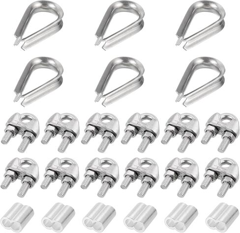 uxcell M5 Wire Rope Accessory Set for 3/16" Dia Wire Rope, 12Pcs Wire Rope Cable Clip Clamp, 6Pcs Thimble Rigging, 6Pcs Aluminum Crimping Loop Sleeve in Saudi Arabia
