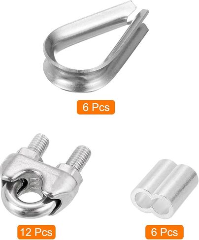 uxcell M5 Wire Rope Accessory Set for 3/16" Dia Wire Rope, 12Pcs Wire Rope Cable Clip Clamp, 6Pcs Thimble Rigging, 6Pcs Aluminum Crimping Loop Sleeve in Saudi Arabia