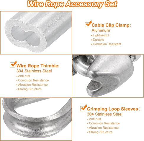 uxcell M5 Wire Rope Accessory Set for 3/16" Dia Wire Rope, 12Pcs Wire Rope Cable Clip Clamp, 6Pcs Thimble Rigging, 6Pcs Aluminum Crimping Loop Sleeve in Saudi Arabia