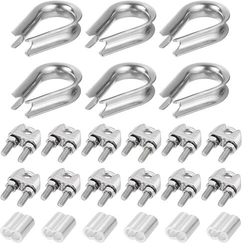 uxcell M5 Wire Rope Accessory Set for 3/16" Dia Wire Rope, 12Pcs Wire Rope Cable Clip Clamp, 6Pcs Thimble Rigging, 6Pcs Aluminum Crimping Loop Sleeve in Saudi Arabia