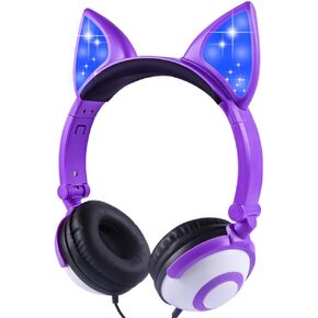 Kids Headphones, Wired Headphones On Ear, Cat Ear Headphones with LED for Girls, 3.5mm Audio Jack for Cell Phone