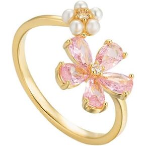 Kokoma Dainty Flower Ring for Women Girls Sparkling Cubic Zirconia Daisy Open Statement Rings Pearl Chic Engagement Promise Ring Wrap Finger Band 14K Gold Plated