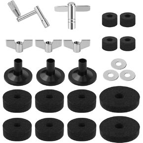 23 Pieces Cymbal Replacement Accessories, Includes Cymbal Stand Felts, Drum Cymbal Felt Pads, Wing Nuts, Washers, Cymbal Sleeves and Drum Key - Black