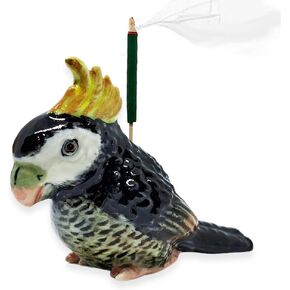 Tiny 2" Black Green Cockatoo Bird Incense Holder - Ceramic Incense Stick Burner Ashtray Porcelain Miniature Handmade Cockatiel Cacatua Figurine Cute Colorful Collectibles Décor Gifts