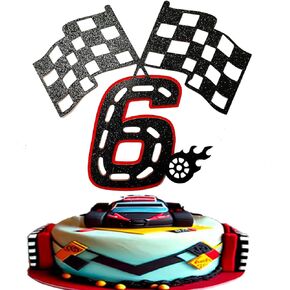 Race Car 6 Years old Birthday Cake Topper- Checkered Flag, Racing Track, Fire Wheel Cake Decoration Set for Boy's 6th Birthday Party Supply