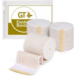 Premium Elastic Bandage Wrap (2" 3 Pack) - Compression Roll Made of USA Grown Cotton - Hook & Loop Fasteners at Both Ends - GT Latex Free Hypoallergenic Reusable