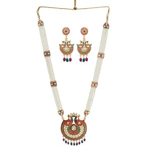 Jwellmart Indian Ethnic Traditional Gold Plated Faux Pearl CZ Stone Peacock Rani Haar Necklace Earrings Jewelry Set for Women and Girls
