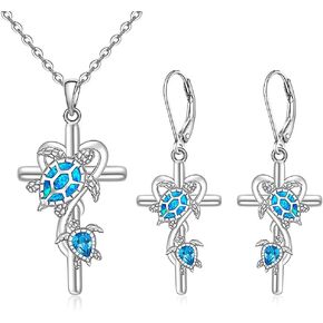 Turtle Necklace and Earrings Blue Opal Cross Sea Turtle Jewelry for Women Sterling Silver Mother Daughter Mothers Day Christmas Gifts