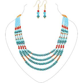 Fstrend Statement Layered Necklace Wood Colors Beaded Bib Necklaces with Earrings Long Multi African Necklaces Costume Jewelry Set for Women