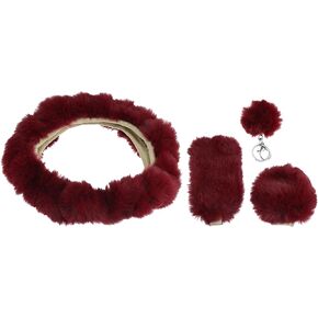 X AUTOHAUX 1 Set Fluffy Car Steering Wheel Cover Fit for 15 Inch Soft Fluffy Handbrake Cover Gear Shift Boot Cover Furry Keychain Short Hair Black