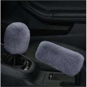 2PCS Plush Car Gear Shift Knob Cover & Handbrake Cover, Comfortable Anti-Slip Auto Shift Knob Protector, Fluffy Warm Hand Brake Handle Cover, Interior Car Accessories (Black)