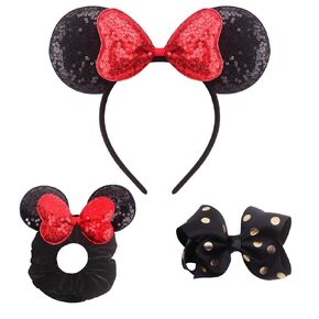 Mouse Ears Headband 3PCS Mouse Headwear Scrunchies Bow Clip Set Sequin Mouse Ears Hair Accessories for Women Girls-Red Dot