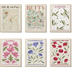 CEKEIOLMLW Stunning Flower Poster Set for Room Decor Aesthetic Print Wall Art Pop Country Folk Singer Music Midnights Floral Prints Posters Unframed 6pcs 8x10in