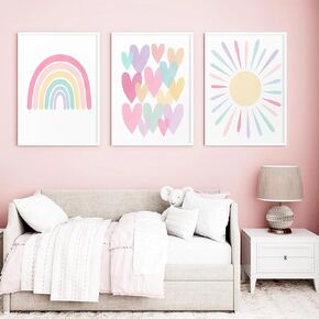 3Pcs Framed Pink Nursery Canvas Wall Art Rainbow Poster Kids Bedroom Baby Girls Toddler Pastel Wall Decor Prints Sun Boho Pink Sunshine Painting for Classroom School Nursery Decoration