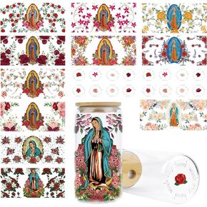 UV DTF Cup Wrap - 14 Sheets Guadalupe UV DTF Cup Wraps for 16 oz Glass Cups Religious Catholic Uvdtf Cup Wraps Flower UV DTF Wrap Personalized UV DTF Cup Topper Stickers for Cup Lids