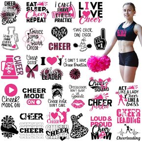 Resurhang 30 Pcs Cheer Iron on Transfers Cheer Gifts Cheerleader Iron on Patches for Clothing Cheerleading Iron on Decals Vinyl Heat Transfer Decals for Clothes Hats Bag Pillow Covers DIY (Green)