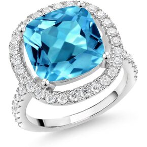 Gem Stone King 925 Sterling Silver 12MM Cushion Gemstone Birthstone and Moissanite Ring | Wedding Engagement Anniversary Promise Ring For Women | Available In Size 5, 6, 7, 8, 9