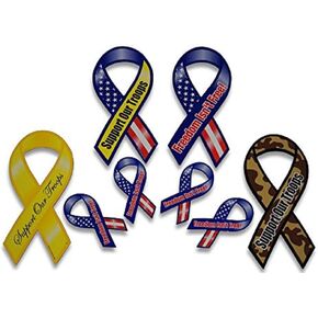 Support Our Troops Patriotic Military Car Magnets Set Includes 4 Large and 4 Mini Ribbons in Yellow Camouflage and American US Flag Designs for a Total of 8 Magnets