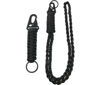 Paracord Lanyard Necklace Hook 2PCS 2Sizes Black Heavy Duty Braided Neck Keychain with Metal Clips and Key Rings for ID Card Badge Holder, Camera, Wallet and Keys