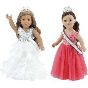 Emily Rose 18-inch Doll Stunning White Pageant Gown Dress & Sash/Crown Outfit Bundled with Our Lovely Salmon Colored Dress & Accessories 18" Doll Clothes Set | Compatible with American Girl Dolls