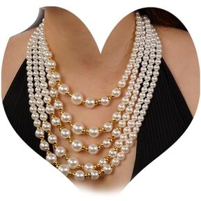 Multil-strand Faux Pearls Choker Necklace Beads Cluster Long Chunky Chain