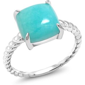 Gem Stone King 925 Sterling Silver 10MM Square Cabochon Sleeping Beauty Green Turquoise Ring For Women (Available 5,6,7,8,9)