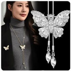 Sither Butterfly Necklace for Women Long Sweater Chain Crystal Necklace Wedding Dressy Necklace Jewelry for Winter Evening Party Christmas Gift