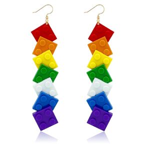 Funny Free Combination Toy Bricks Earrings for Women Girls, Colorful Acrylic Building Block Drop Dangle Earrings, Unisex Pride Earrings Rainbow Jewelry Outfits Accessories Gifts