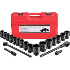 Anbull 3/4" Drive Jumbo Impact Socket Set, 21 Piece Shallow Socket Assortment, 6-Point Standard SAE Sizes (3/4-Inch to 2-Inch) | Cr-V Steel