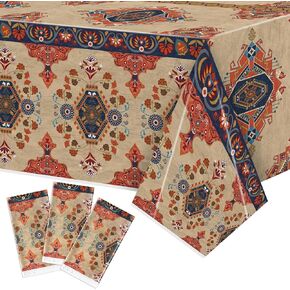 3Pcs Vintage Boho Party Tablecloth - 108 x 54 Inches Vintage Plastic Table Cover Disposable Geometric Rustic Farmhouse Table Cloth for Kitchen Picnic Boho Birthday Party Decor Supplies