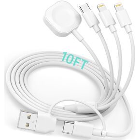 6 in 1 USB A/C Cable for Apple Watch iPhone Charging Cable, 10FT Multi Charging Cable Compatible with iWatch Ultra/SE/9/8/7/6/5/4/3/2/1&iPhone 15/14/13/12/11/Galaxy, Universal Travel Charger - White