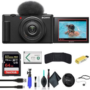Sony ZV-1F Vlogging Camera Black ZV1F/B, Case, 64GB Card, Card Reader, Flex Tripod, Memory Card Wallet, Cap Keeper, Cleaning Kit