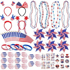 4th of July Party Favors Set, 114PCS 4th of July Party Favor Patriotic flag, Shutter Glasses, Necklaces, Stickers, Bracelets Headbands Pinwheel for Fourth of July, 4th of July Accessories Bulk