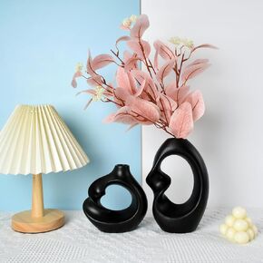 2-Piece Ceramic Vase, Minimalist Boho Style Modern Flower Vases, Twisted Round Shape Black Vase for Living Room Bedroom Shelf Dinner Table Office Home Decor (Black)