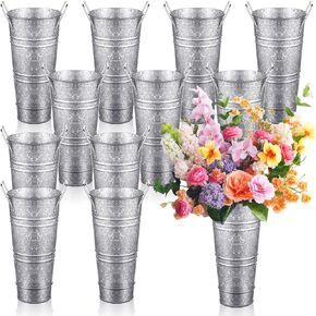 Zhehao 12 PCS 12 Inch Galvanized Metal Vase with Handles Bulk Tin Flower Buckets Galvanized Vases for Flowers Country Wedding Table Centerpieces Metal Flower Vase for Wedding Home (Creamy White)