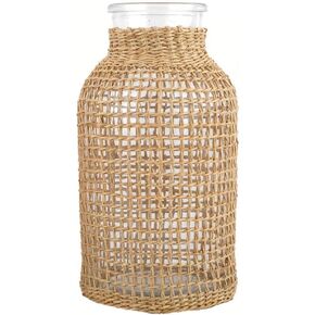 DOITOOL Glass Flower Vase with Rattan Cover, Farmhouse Flower Bud Vase, Round Decorative Flower Vase Floral Container Flower Bottle for Floral Arrangements Housewarming Party Home Decor (L+XS) Khaki