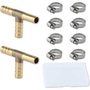 2 Pcs Brass Barb Tee Fitting 1/4"(6mm) ID Hose Pipe Fitting T-Shaped with 6 Pcs Stainless Steel Pipe Clamps, 3 Way Union Fitting Intersection/Split for Water Fuel Gas Air Oil