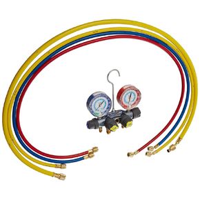 Yellow Jacket 49987 Titan 4-Valve Test and Charging Manifold Degrees F, psi Scale, R-22/134A/404A Refrigerant, Red/Blue Gauges