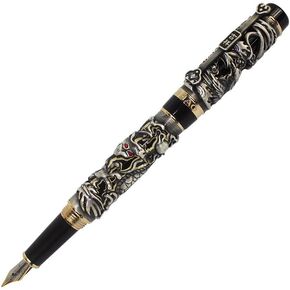 Leopard Jinhao Fountain Pen Medium Nib Big Heavy Pen & Refill Ink Converter Business Signature Gift Collection Pen (Ancient Silver)