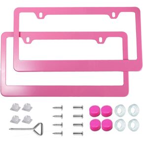 Fashion US Universal Pink Matte License Plate Frames,Premium Stainless Steel License Plate Holder,Weather Proof License Plate Cover for Women(2 Frames,Matte Pink)