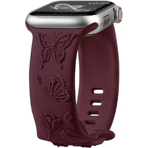 Floral Butterfly Engraved Band Compatible with Apple Watch Bands for Women 40mm 41mm 38mm, Soft Silicone Sport iWatch Bands for Apple Watch Series 9 Band SE Series 8 7 6 5 4 3 2 1-Pink