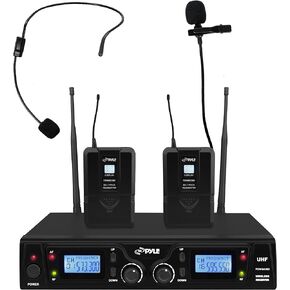 Pyle UHF Wireless Microphone & Rack Mountable Receiver System 2 Belt Packs, 2 Lavelier/Lapel MIC Travel Case 16 Channel Frequency Independent Channel Volume Control LCD Digital Display
