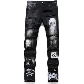 Men's Jeans Ripped Slim-Fit Black Skinny Fashion Denim Jean Pants Durable Biker