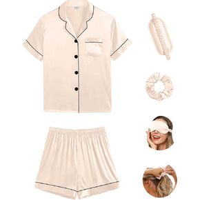 SWOMOG Womens 4 PCS Satin Pajamas Set Short Sleeve Sleepwear Button Down Loungewear Pjs Set with Sleep Mask & Hair Tie